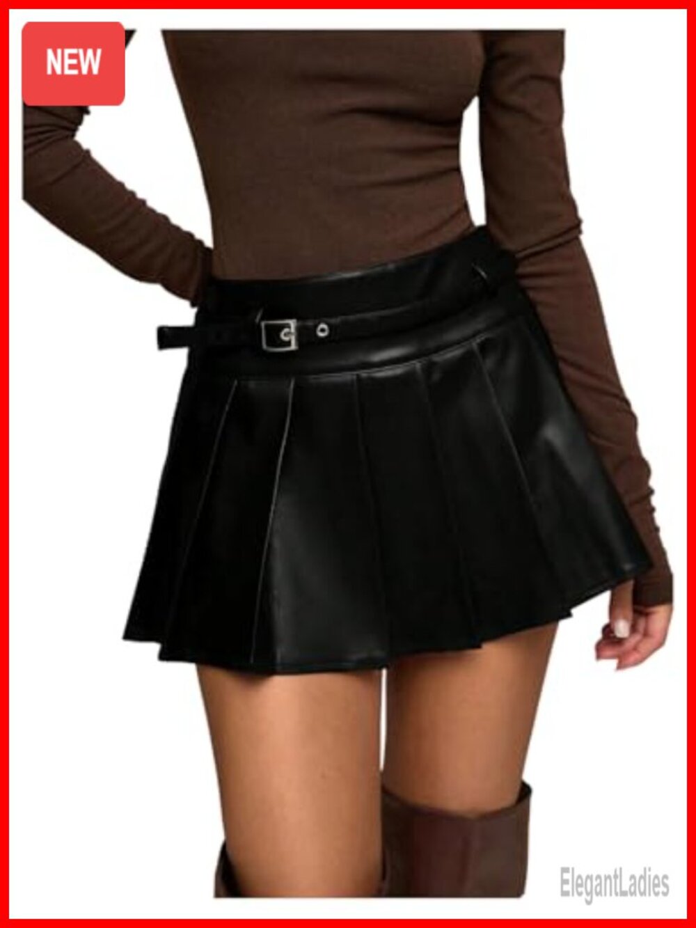 PU Leather Pleated Mini Skirt with Belt Flared A-Line